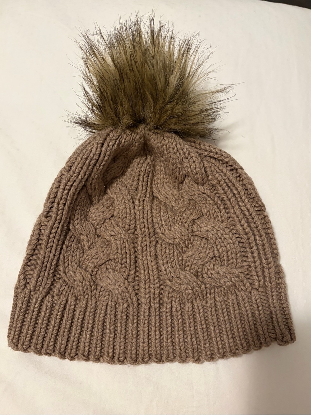 Wilfred Cable-Knit Beanie with Faux-Fur Pom - Taupe